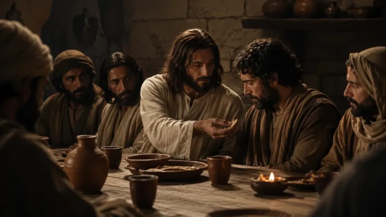 Jesus offering bread to Judas during the Last Supper as the disciples watch in a candlelit upper room.