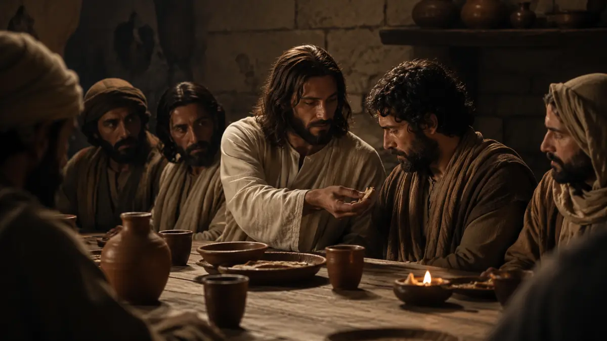 Jesus offering bread to Judas during the Last Supper as the disciples watch in a candlelit upper room.