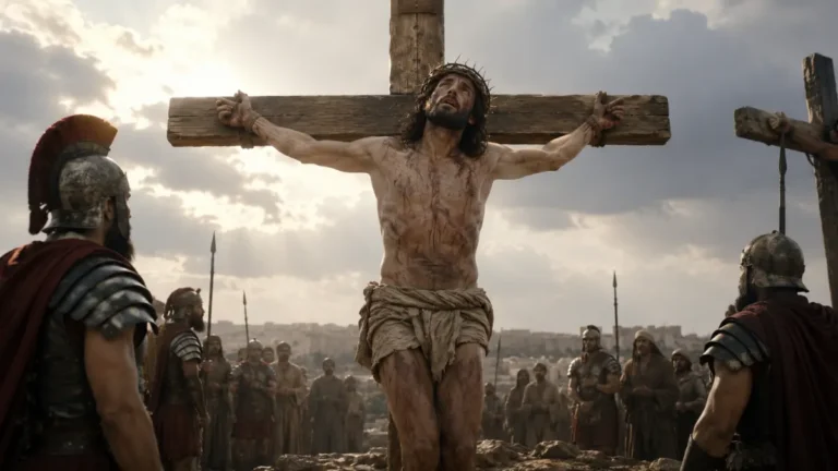 Jesus praying for forgiveness while Roman soldiers and onlookers stand near the cross in Luke 23:34.