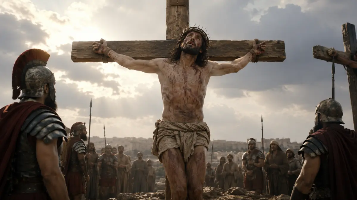 Jesus praying for forgiveness while Roman soldiers and onlookers stand near the cross in Luke 23:34.