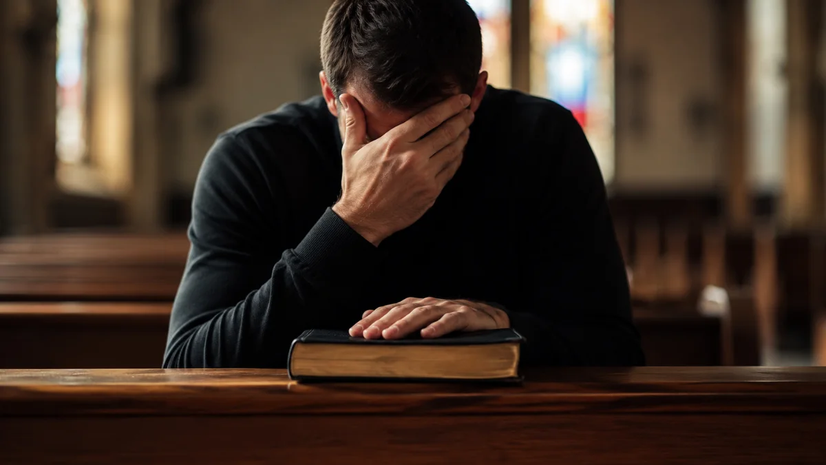 A troubled man sitting in a church pew with one hand covering his face and the other resting on a Bible.