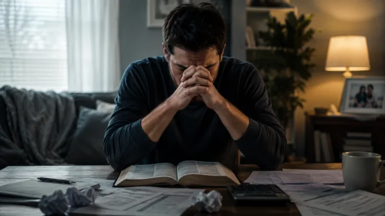 A distressed man praying over an open Bible and unpaid bills while wondering whether God is punishing him