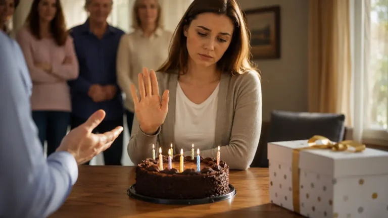 Woman respectfully declining a birthday cake and gift during a family celebration