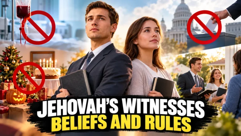 Jehovah’s Witnesses beliefs and rules illustrated with Bible study, blood transfusion, holidays, political neutrality, and door-to-door preaching