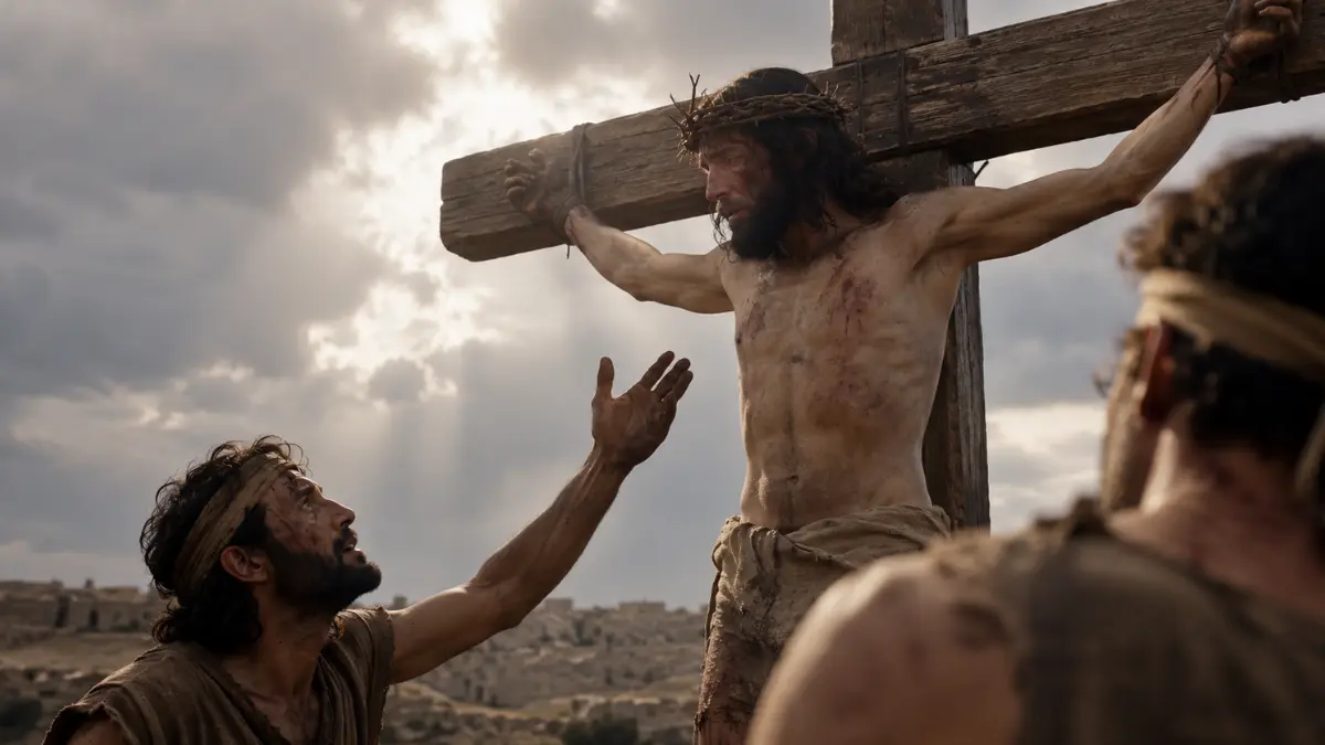 Jesus speaking to the repentant criminal beside Him during the crucifixion in Luke 23:43.
