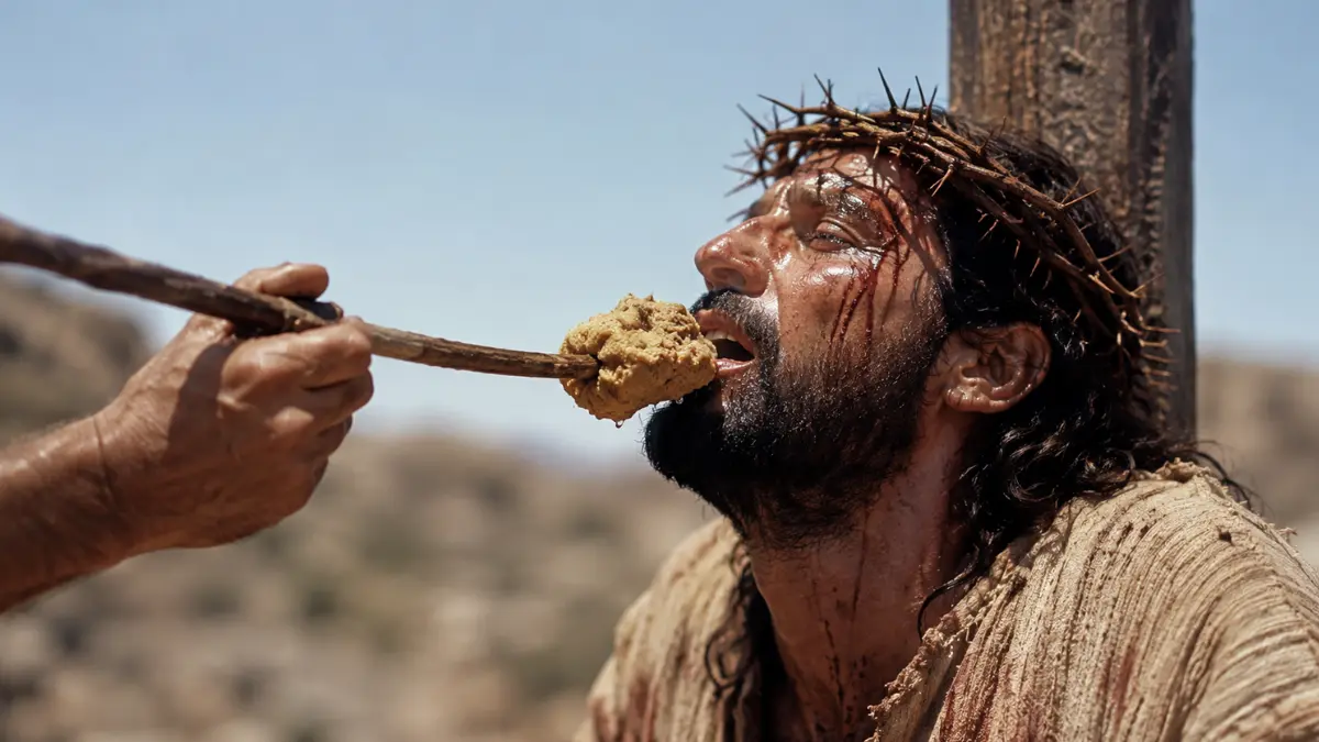 Jesus receiving sour wine on a sponge after saying “I thirst” on the cross in John 19:28.