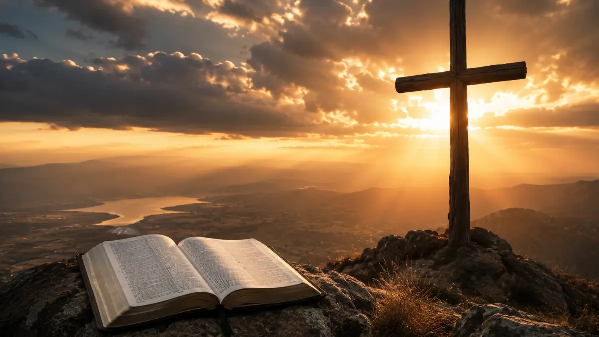 An open Bible beside a wooden cross on a rocky hill at sunset, representing the meaning of John 3:16 and God’s gift of eternal life through Jesus.