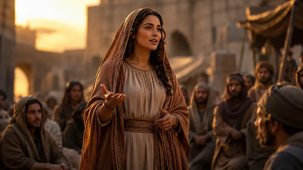 Lady Wisdom portrayed as a woman speaking to listeners in an ancient city street, representing wisdom calling publicly in the Book of Proverbs.
