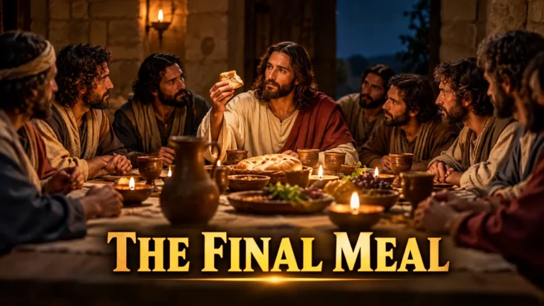 Illustration of Jesus holding bread while sharing the Last Supper with His disciples around a table in a candlelit room.