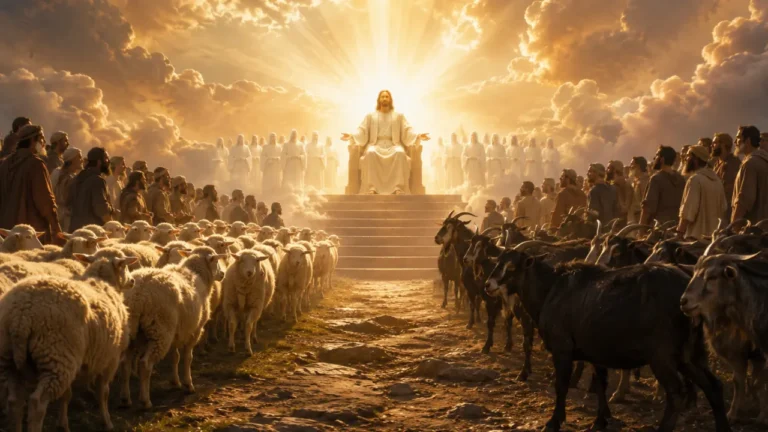 Jesus seated as King, separating sheep and goats before gathered nations in Matthew 25:31–46.