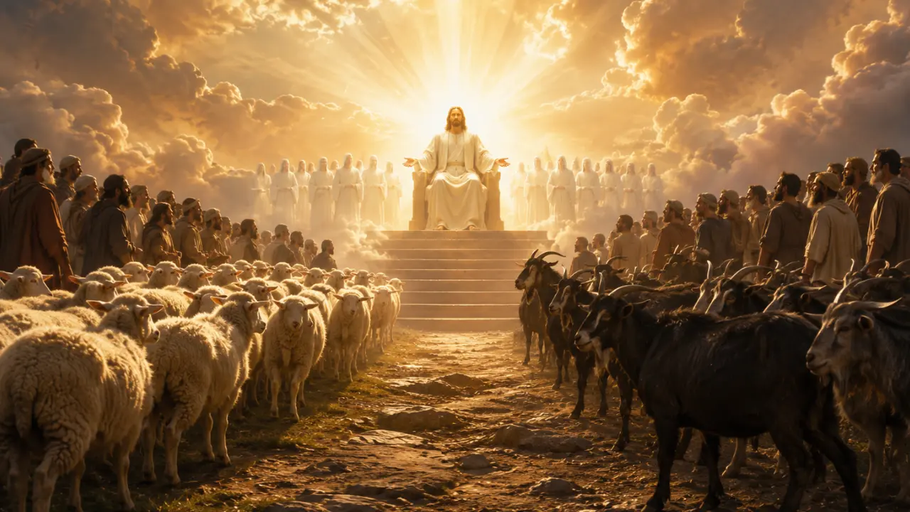 Jesus seated as King, separating sheep and goats before gathered nations in Matthew 25:31–46.