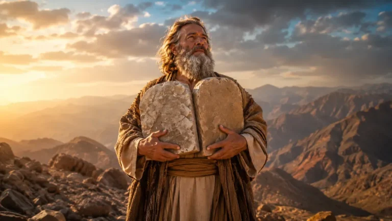 Moses holding the replacement stone tablets on Mount Sinai in Exodus 34