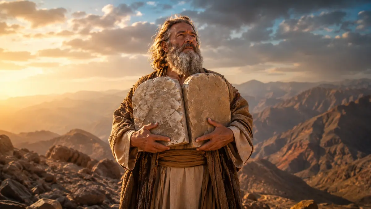 Moses holding the replacement stone tablets on Mount Sinai in Exodus 34