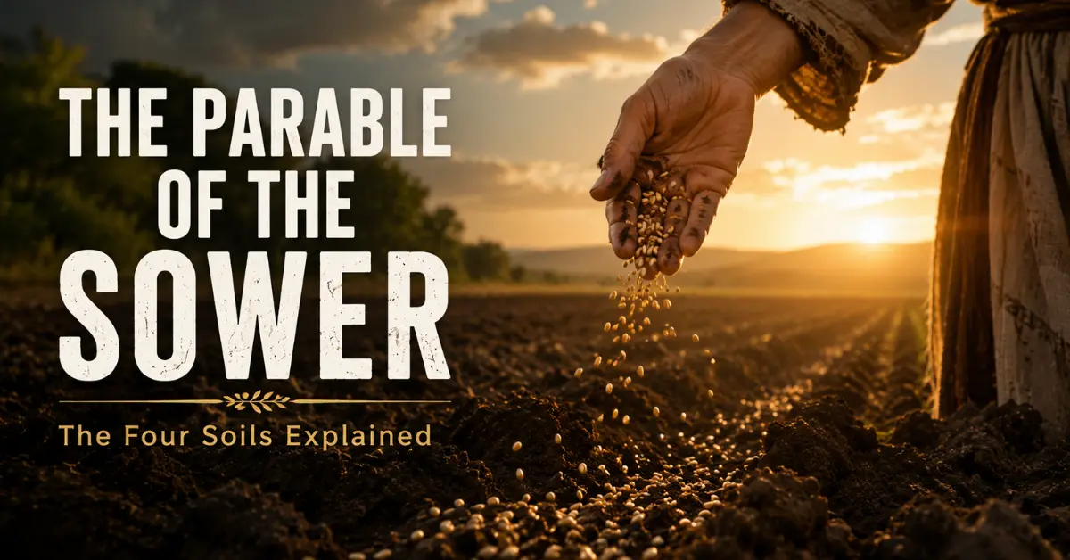A sower scattering seeds across a field at sunset with bold text reading “The Parable of the Sower.”