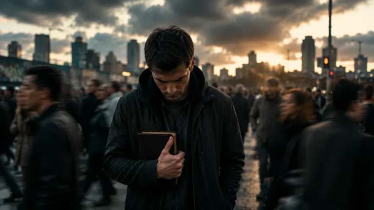 A solemn man holding a Bible stands still amid a fast-moving city crowd under dark storm clouds.