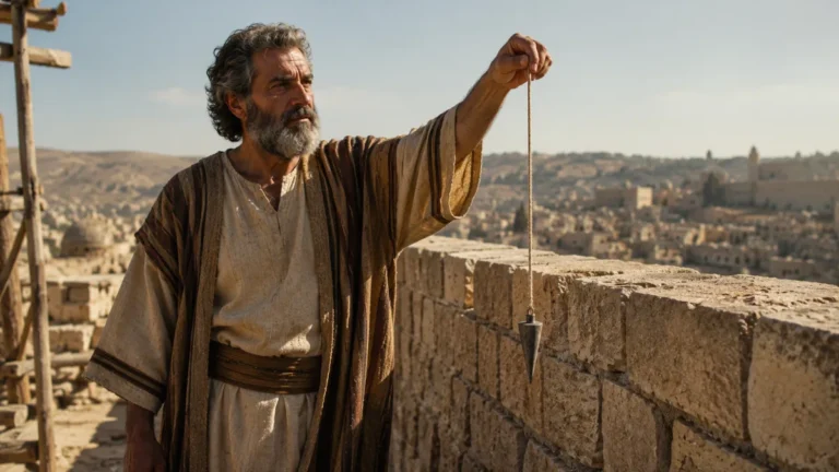 Prophet Amos holding a plumb line beside an ancient stone wall overlooking a biblical city.