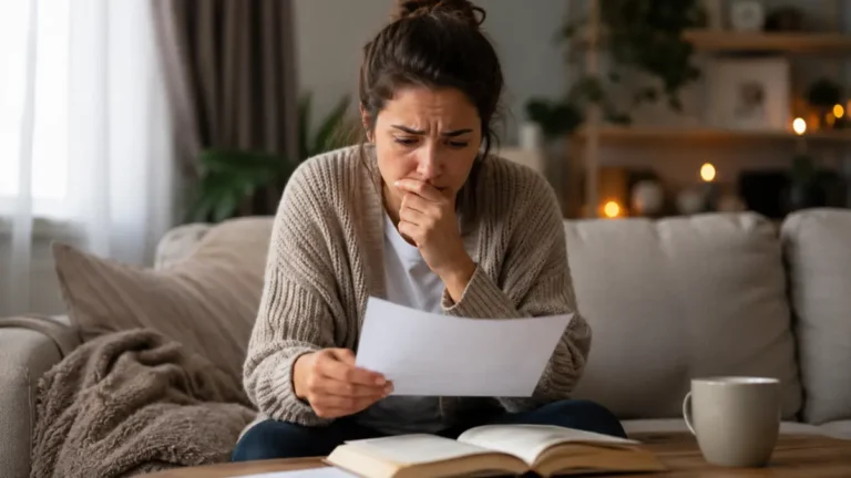 Woman reading troubling news beside an open Bible, reflecting the meaning of Psalm 112:7 and a heart steadfast in God.
