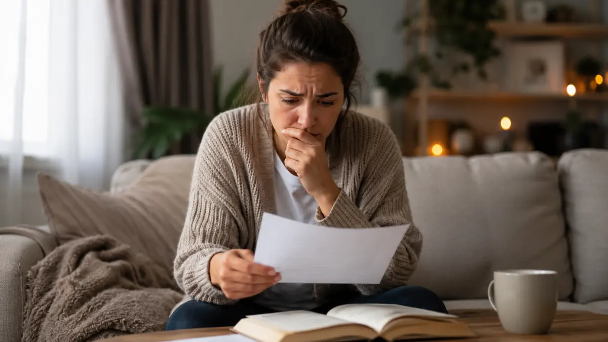 Woman reading troubling news beside an open Bible, reflecting the meaning of Psalm 112:7 and a heart steadfast in God.