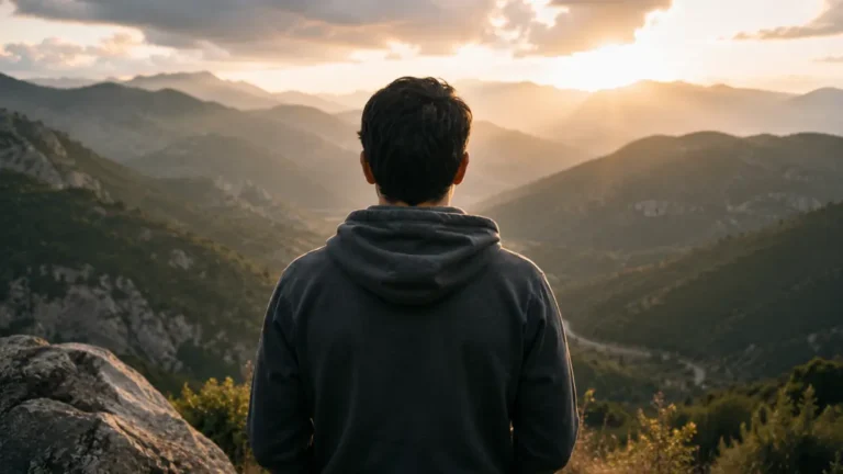 Man overlooking a mountain journey at sunrise, representing God’s protection and keeping care in Psalm 121:7–8.