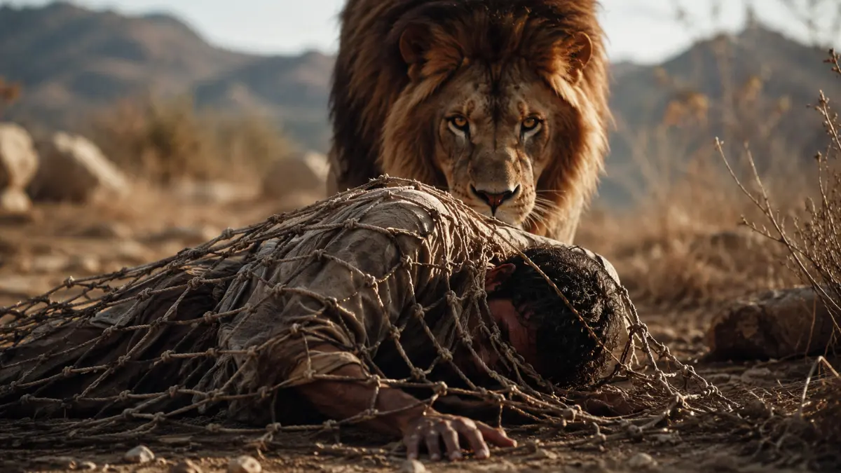 Lion standing behind a vulnerable man trapped in a rope net, illustrating the warning in Psalm 9:30 and Psalm 10:9