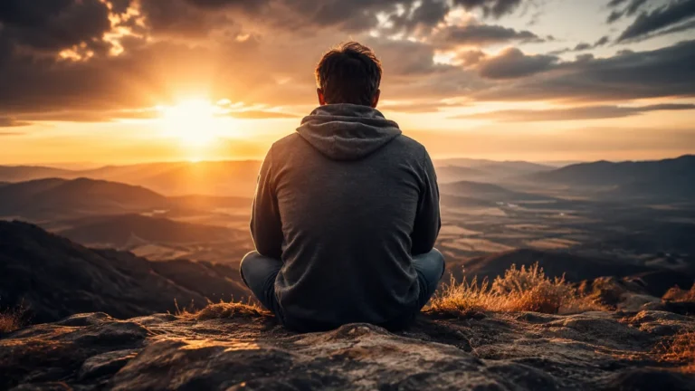 A man sitting on a mountain at sunset, reflecting on how suffering produces perseverance, character, and hope in Romans 5:3–5.