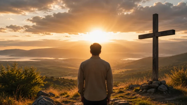 A believer standing beside a wooden cross at sunrise, symbolizing seeking God’s kingdom first in Matthew 6:33.