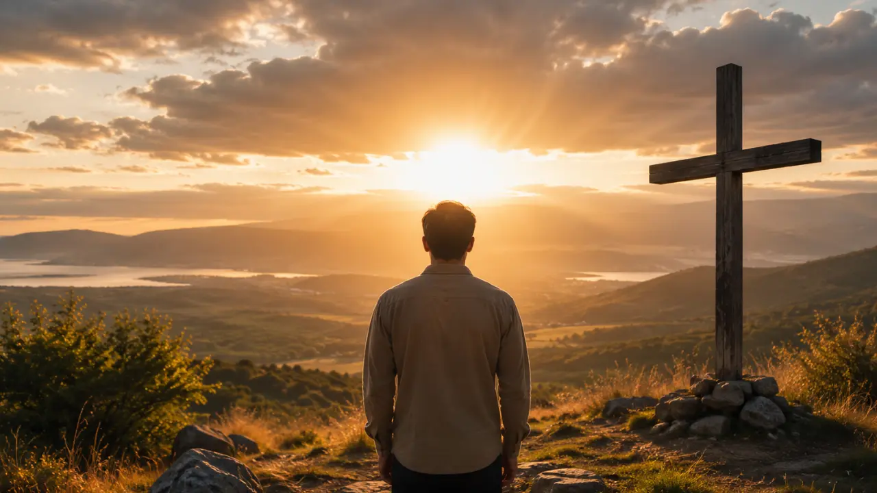 A believer standing beside a wooden cross at sunrise, symbolizing seeking God’s kingdom first in Matthew 6:33.