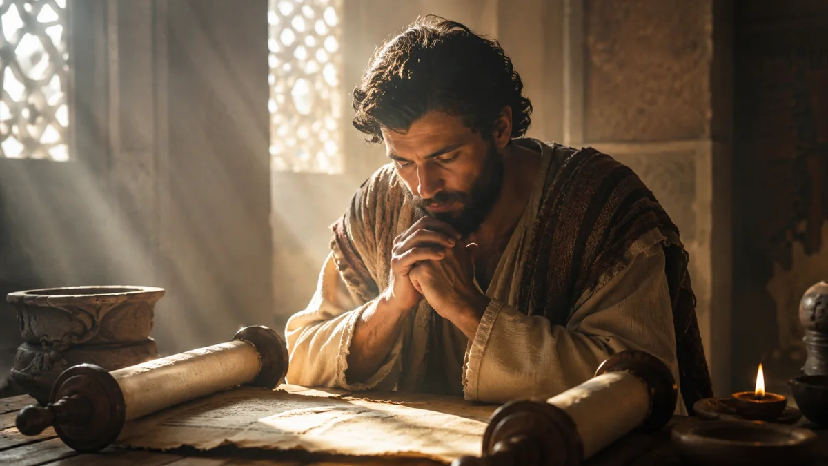 A biblical-era man pauses thoughtfully over an open scroll in a softly lit room, representing the meaning of Selah in the Bible.