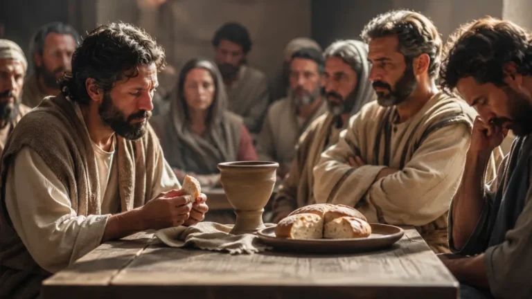 Early Christians examining themselves before sharing bread and the cup during Communion
