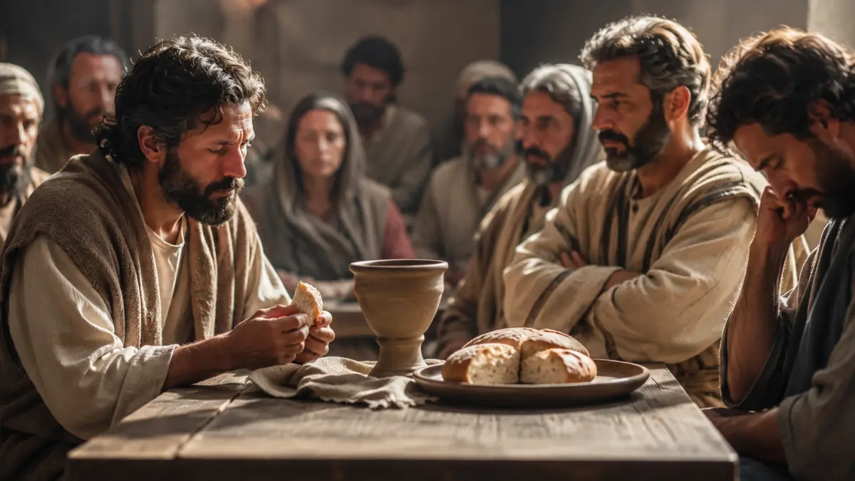 Early Christians examining themselves before sharing bread and the cup during Communion