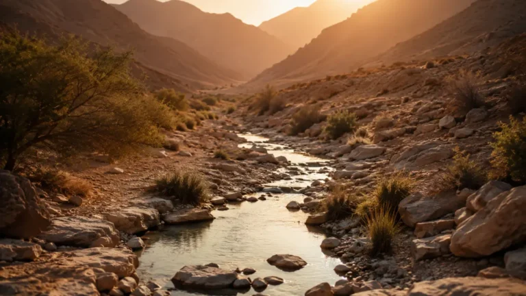 Dry rocky valley with a narrow stream flowing through it at sunset, representing the Valley of Baca in Psalm 84:6.