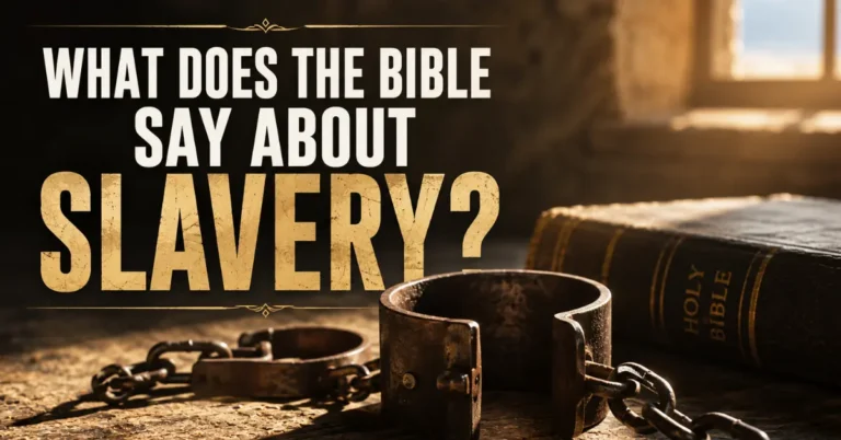 Open shackles beside a Bible with bold text asking, “What Does the Bible Say About Slavery?”