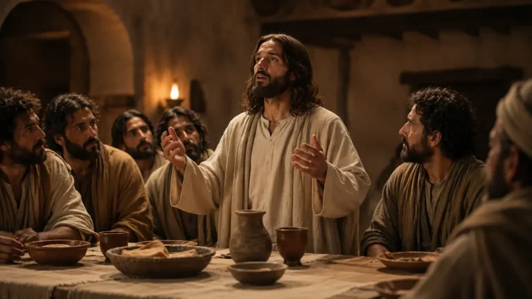 Jesus and His disciples singing a hymn together after the Last Supper in a warmly lit upper room.
