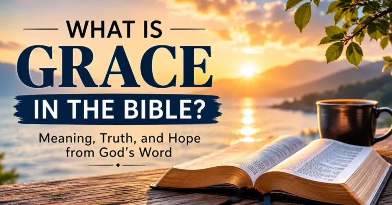 Open Bible at sunrise with a cross on a hill and the words “What Is Grace in the Bible?”