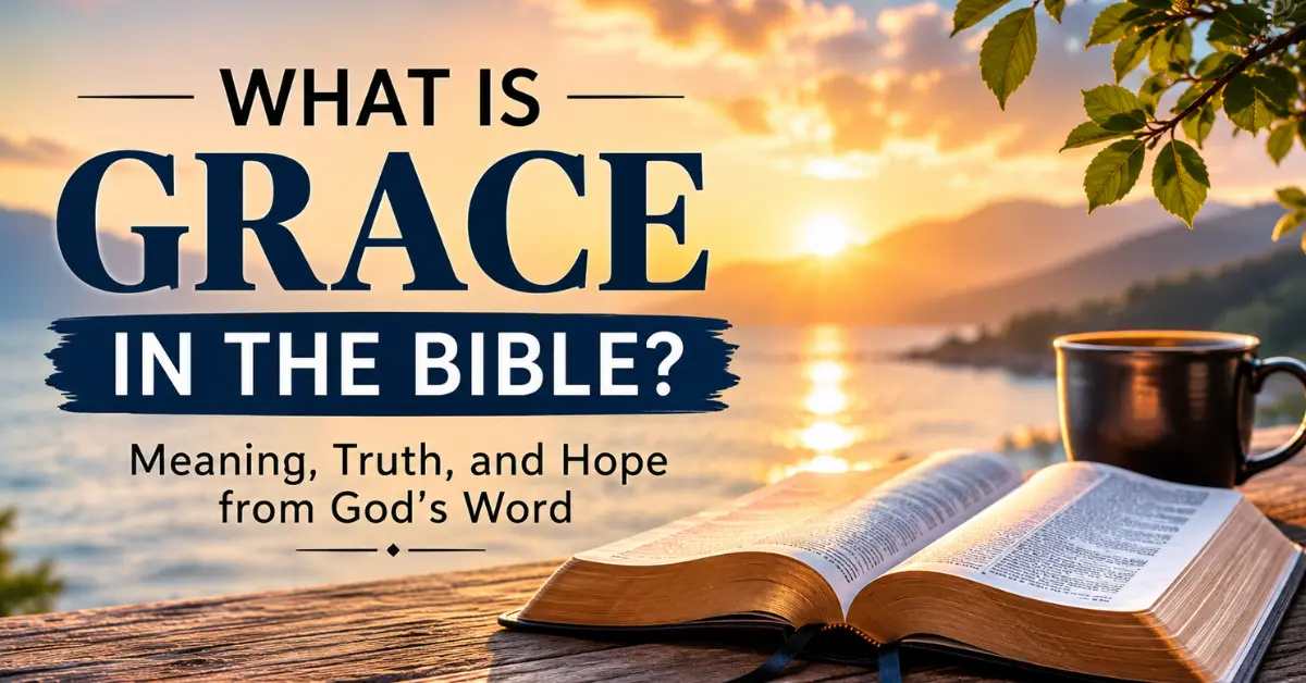 Open Bible at sunrise with a cross on a hill and the words “What Is Grace in the Bible?”