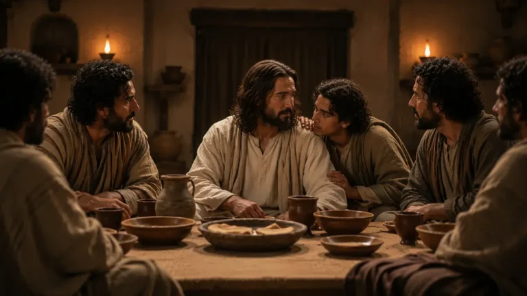 The beloved disciple reclining beside Jesus during the Last Supper as the other disciples gather around the table.