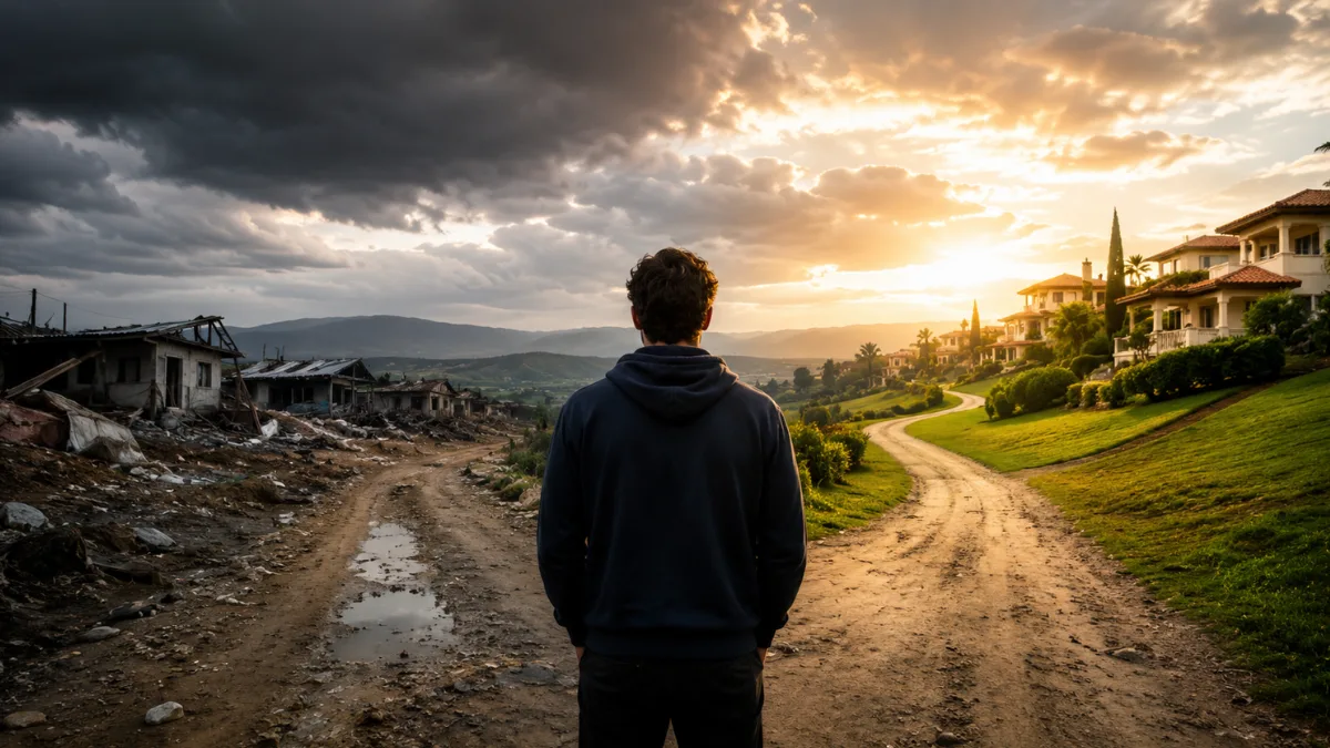 A man standing between a storm-damaged neighborhood and a peaceful prosperous community, symbolizing unequal suffering in life