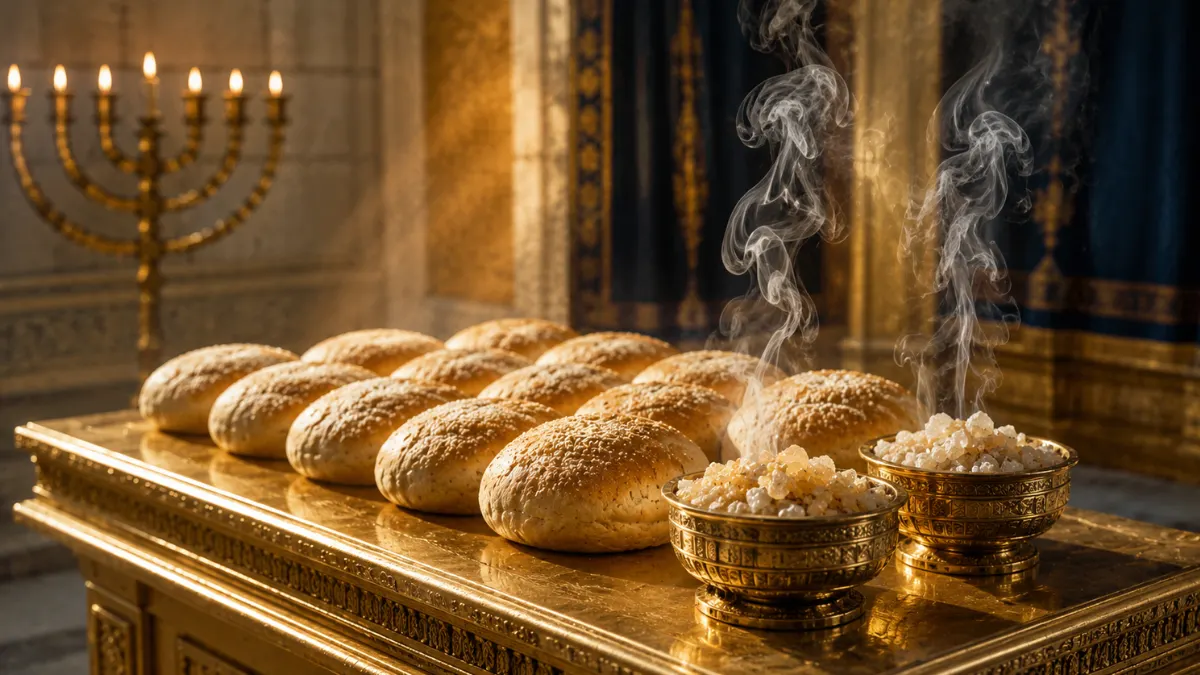 Pure frankincense burning beside twelve loaves of the Bread of the Presence on a golden table inside the ancient Tabernacle.