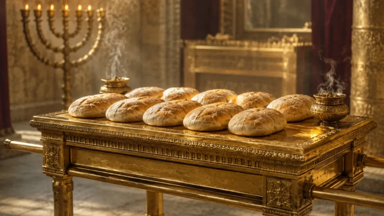 Twelve loaves of bread arranged on a golden table of showbread inside the ancient Tabernacle, with incense and a lampstand nearby.