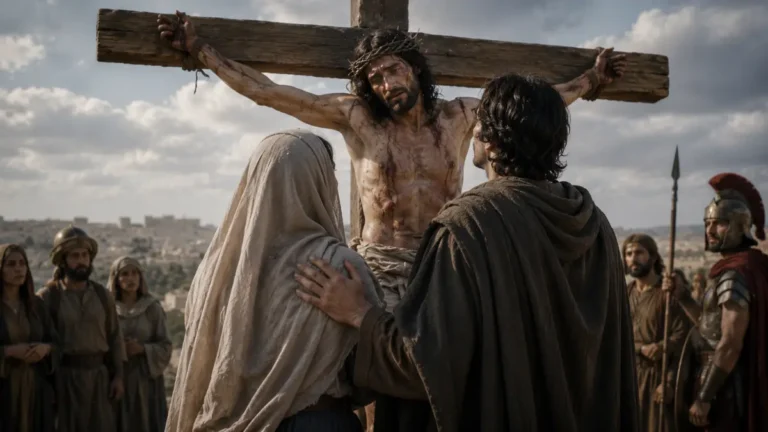 Jesus entrusting Mary to the beloved disciple while speaking from the cross in John 19:26–27.