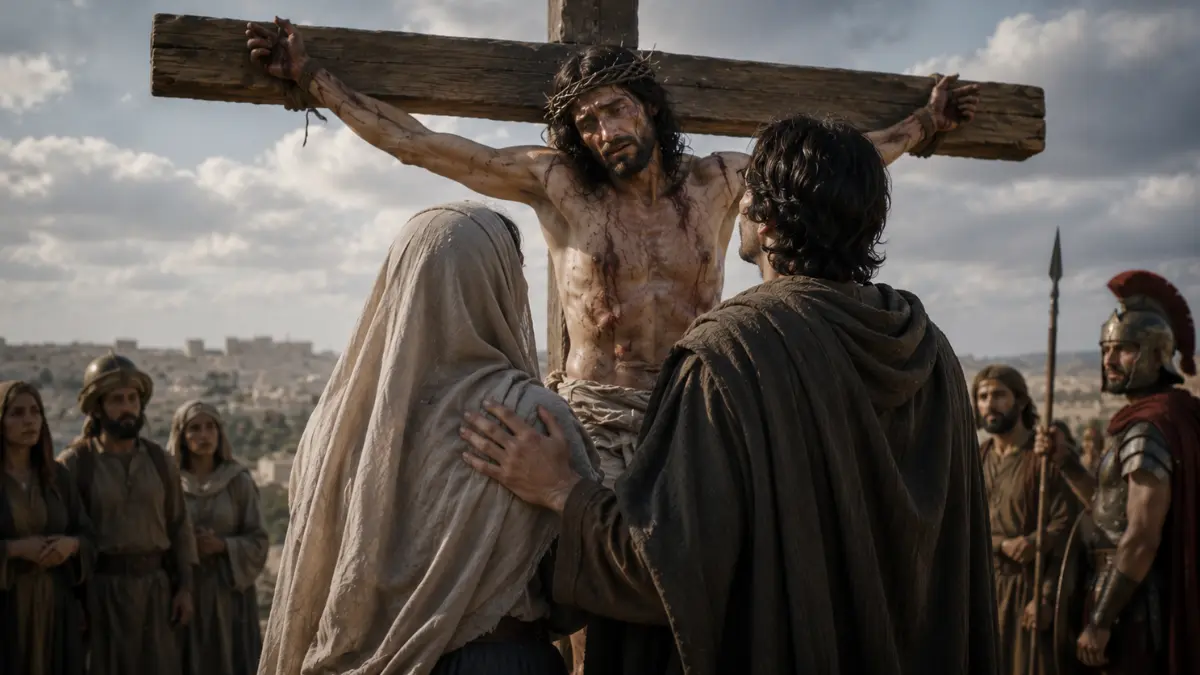 Jesus entrusting Mary to the beloved disciple while speaking from the cross in John 19:26–27.