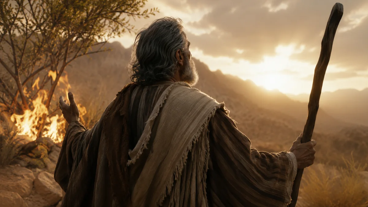 Moses standing before the burning bush in the desert, representing God revealing the name Yahweh in Exodus 3.