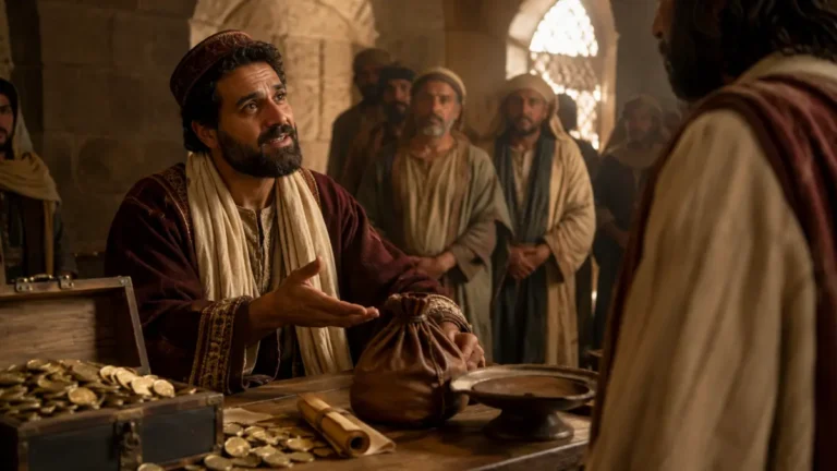 Zacchaeus promising to repay four times what he had taken while speaking to Jesus, with coins and a money chest on a table in a first-century biblical setting.