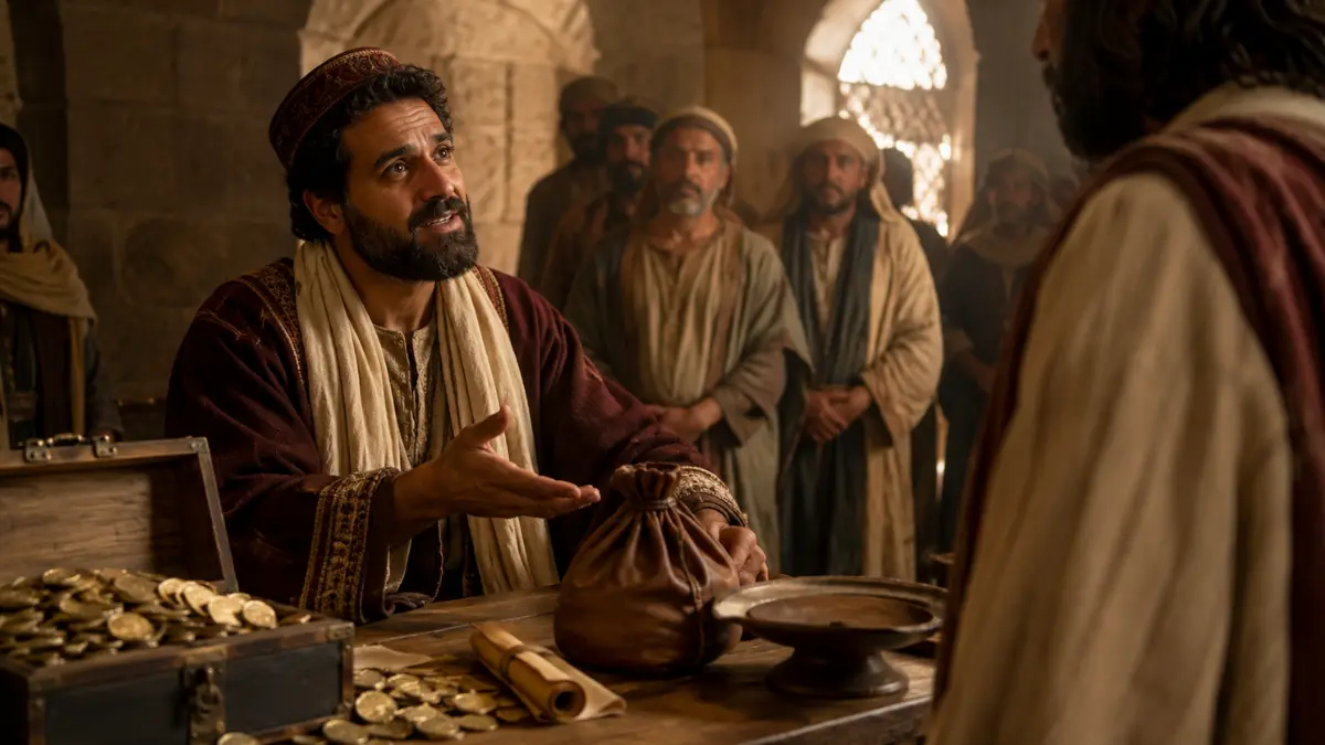 Zacchaeus promising to repay four times what he had taken while speaking to Jesus, with coins and a money chest on a table in a first-century biblical setting.