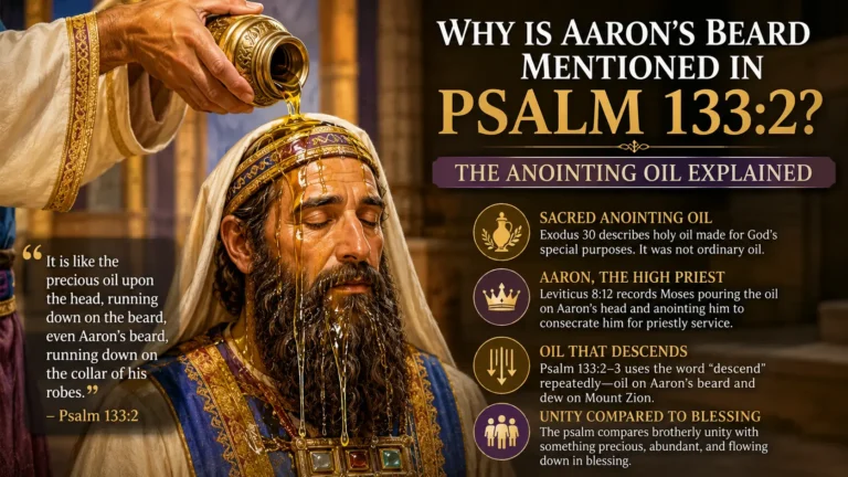Illustration of sacred anointing oil being poured over Aaron’s head and beard, explaining the imagery of Psalm 133:2