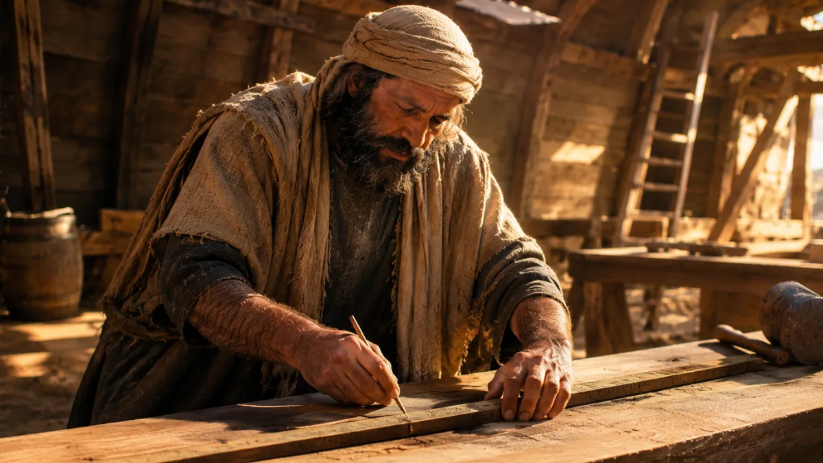 Biblical-era builder measuring timber with a wooden cubit rod during construction of Noah’s Ark.