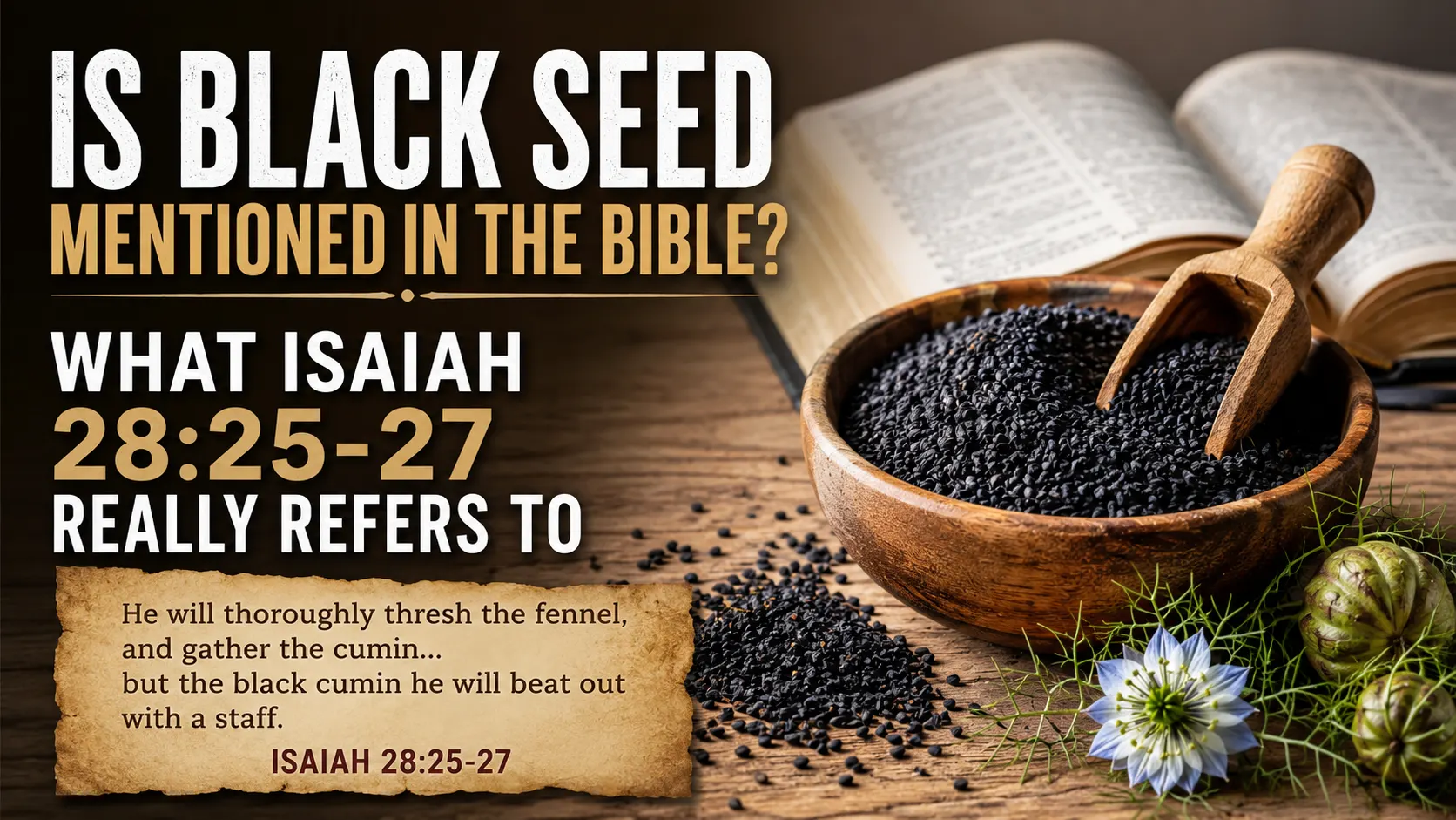 Black seed beside an open Bible illustrating Isaiah 28:25–27 and the biblical reference to black cumin.