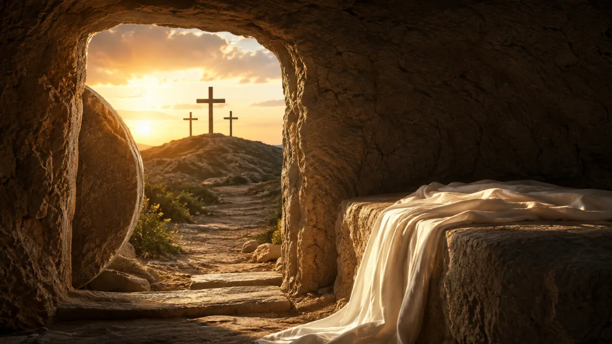 Empty tomb with folded burial cloths and three crosses at sunrise, representing Christ risen from the dead in 1 Corinthians 15:20