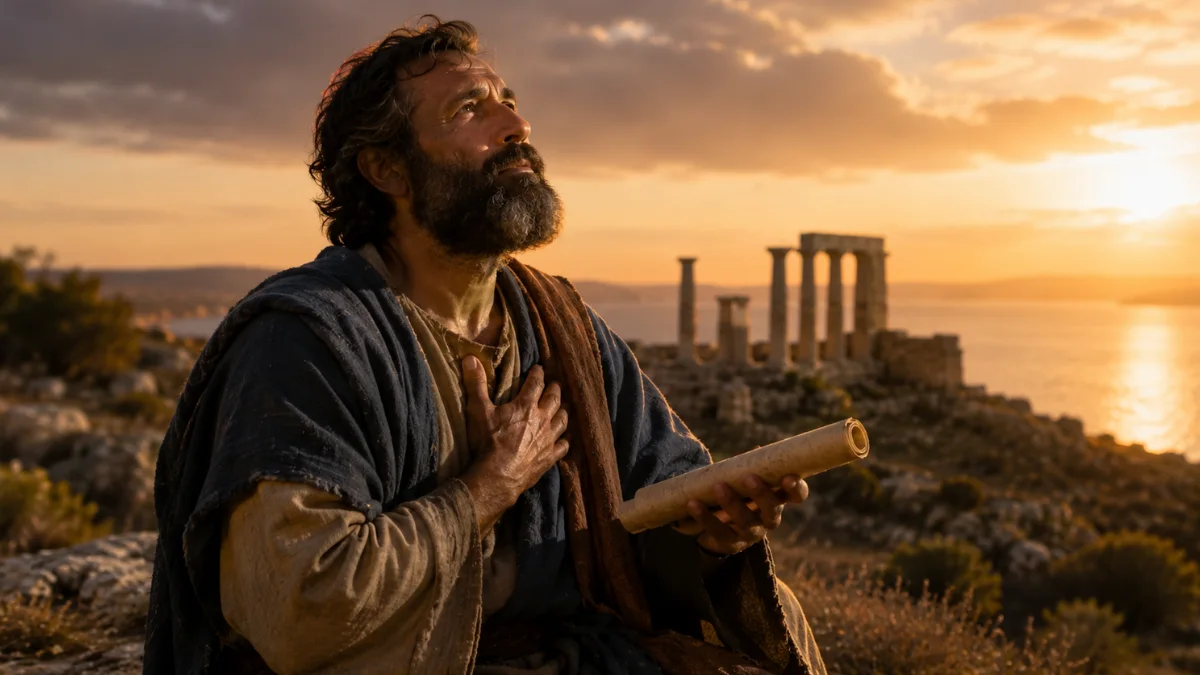 A humble biblical man holding a scroll at sunset, representing Paul crediting his changed life and apostolic calling to God’s grace.