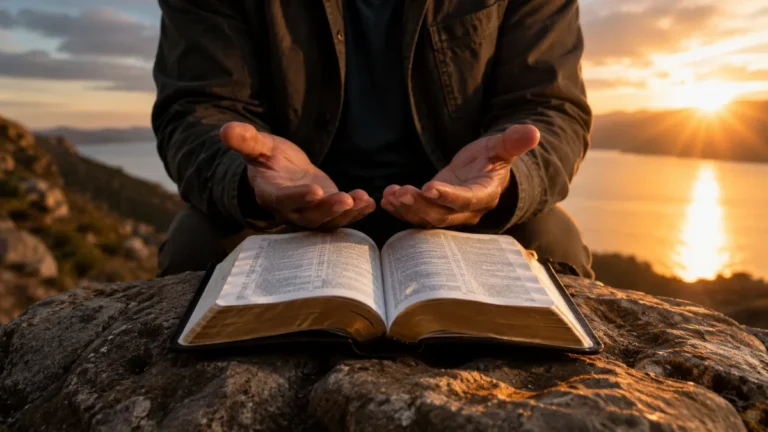 Open Bible with hands raised in prayer at sunrise, representing salvation through the gospel of Jesus Christ.